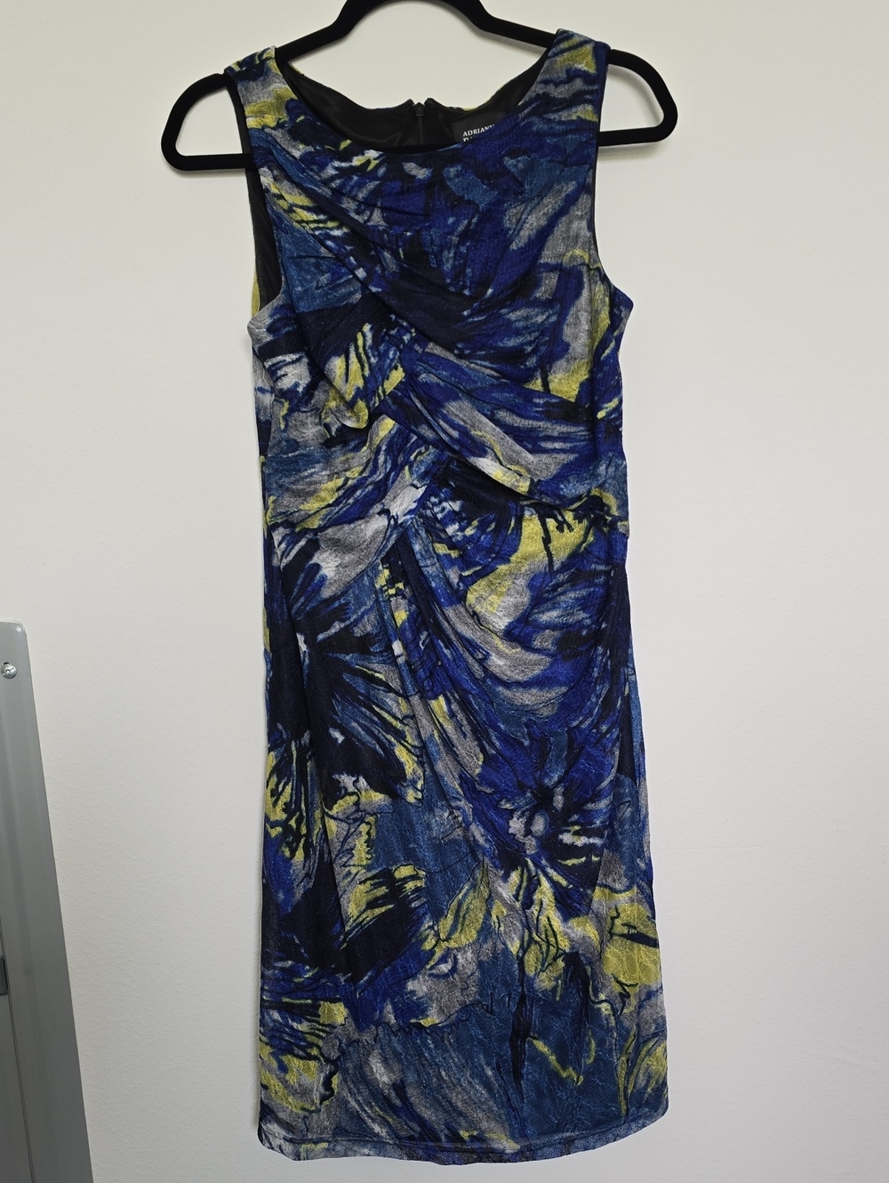 Adrianna Papell Blue and Yellow Abstract Sleeveless Dress